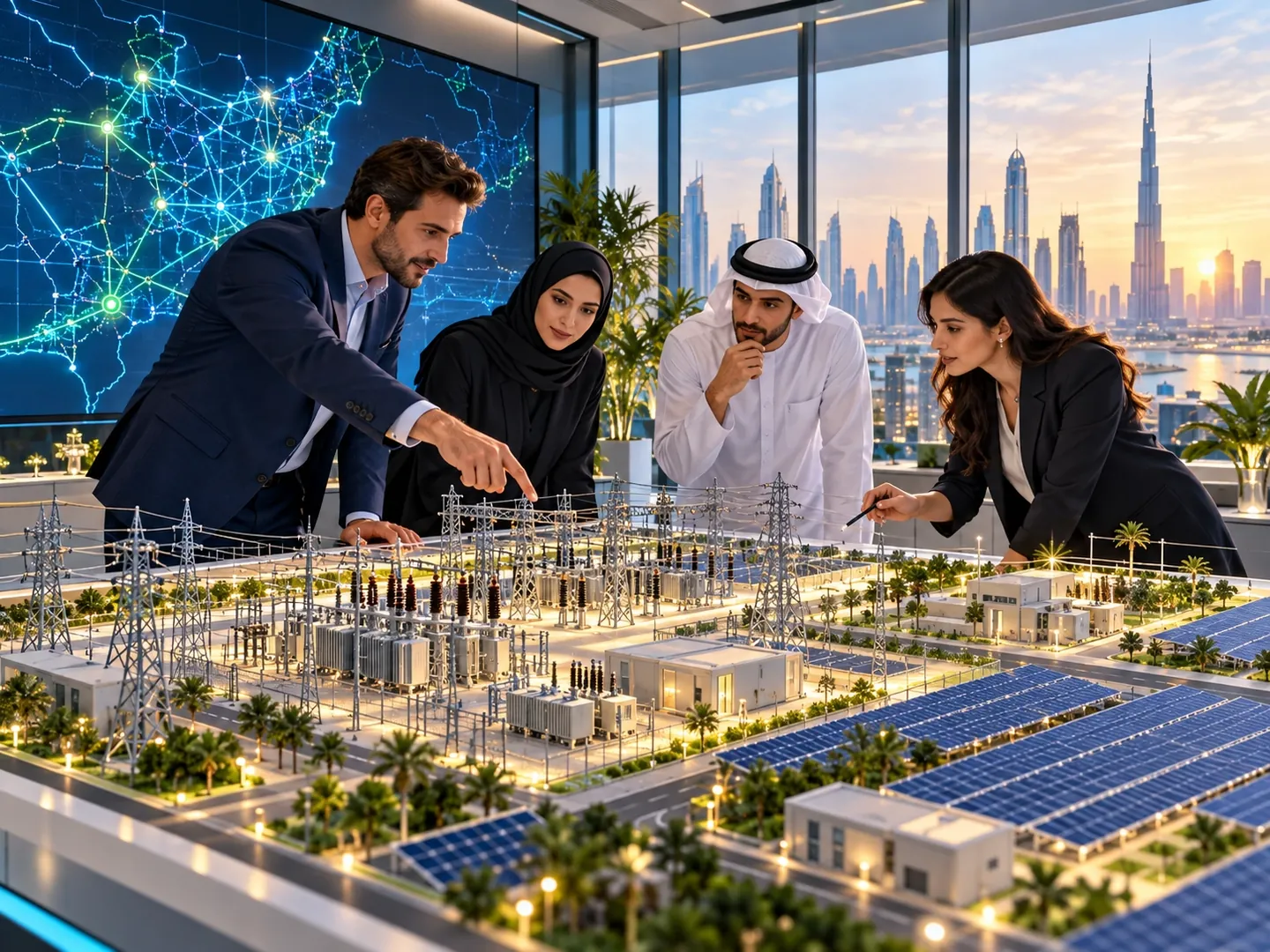 Concept illustration of engineers collaborating on an electrical-grid scale model